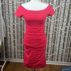 Boden coral red ruched side dress